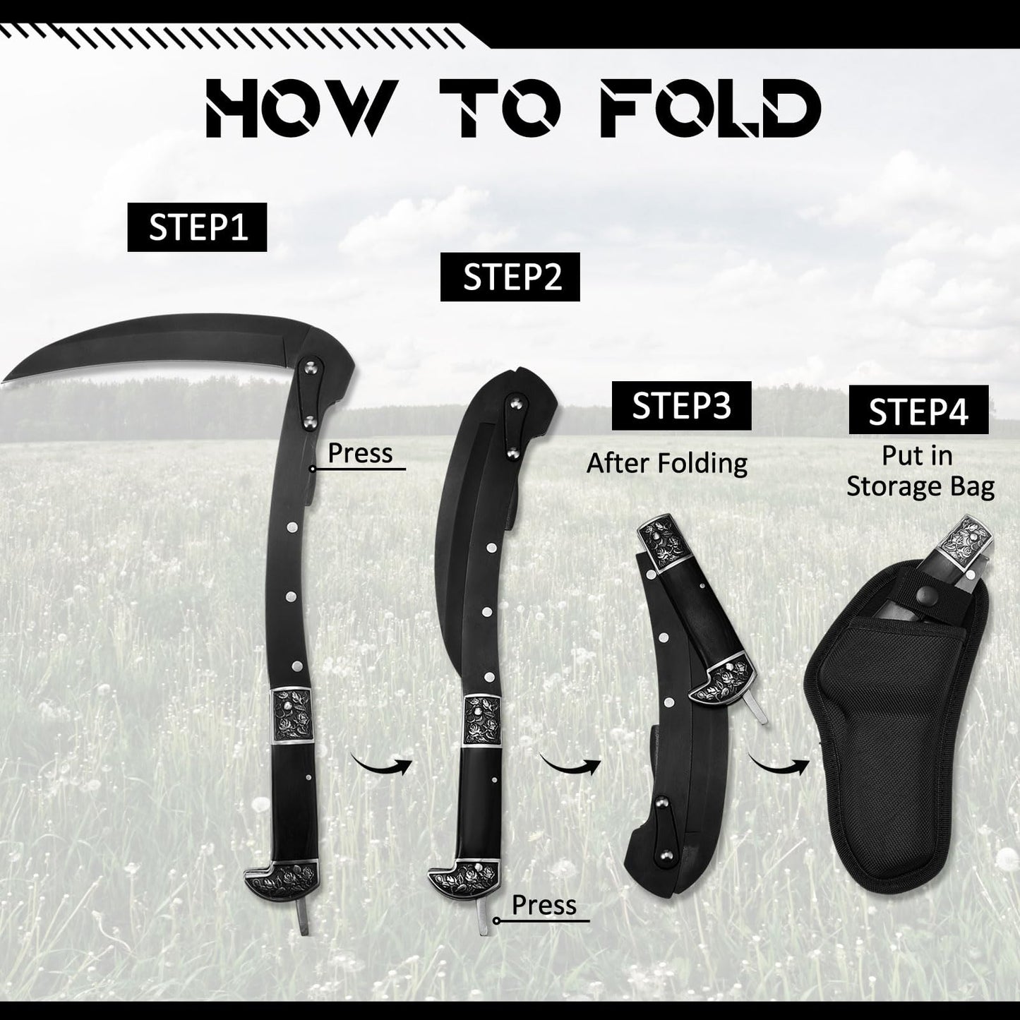 BLACK PORTABLE SHEATHED SHARP FOLDING SICKLE-BK06