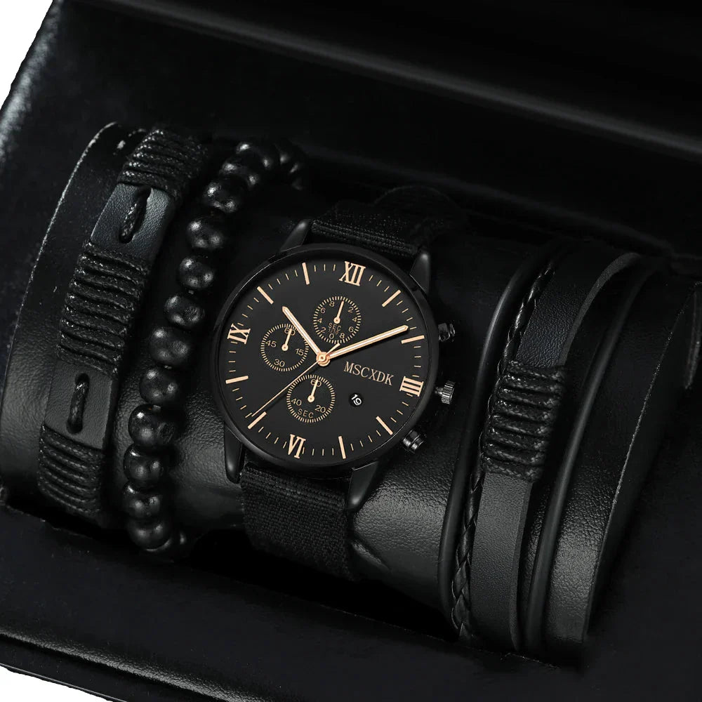 4pcs Men's Quartz Watch Set with Bracelets (Black Gold)