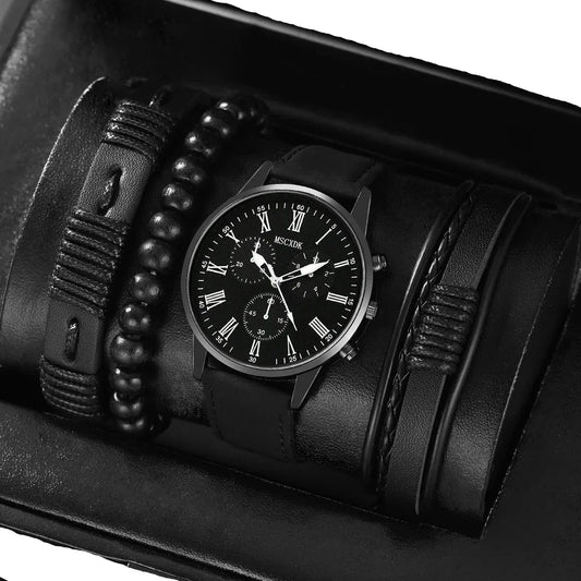 4pcs Men's Quartz Watch Set with Bracelets (Pure Black)