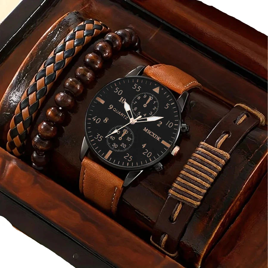 4pcs Men's Quartz Watch Set with Bracelets (Brown)