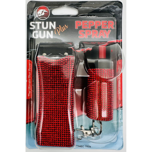 Red Rhinestones Mini Stun Gun and Pepper Spray Combo for Self Defense