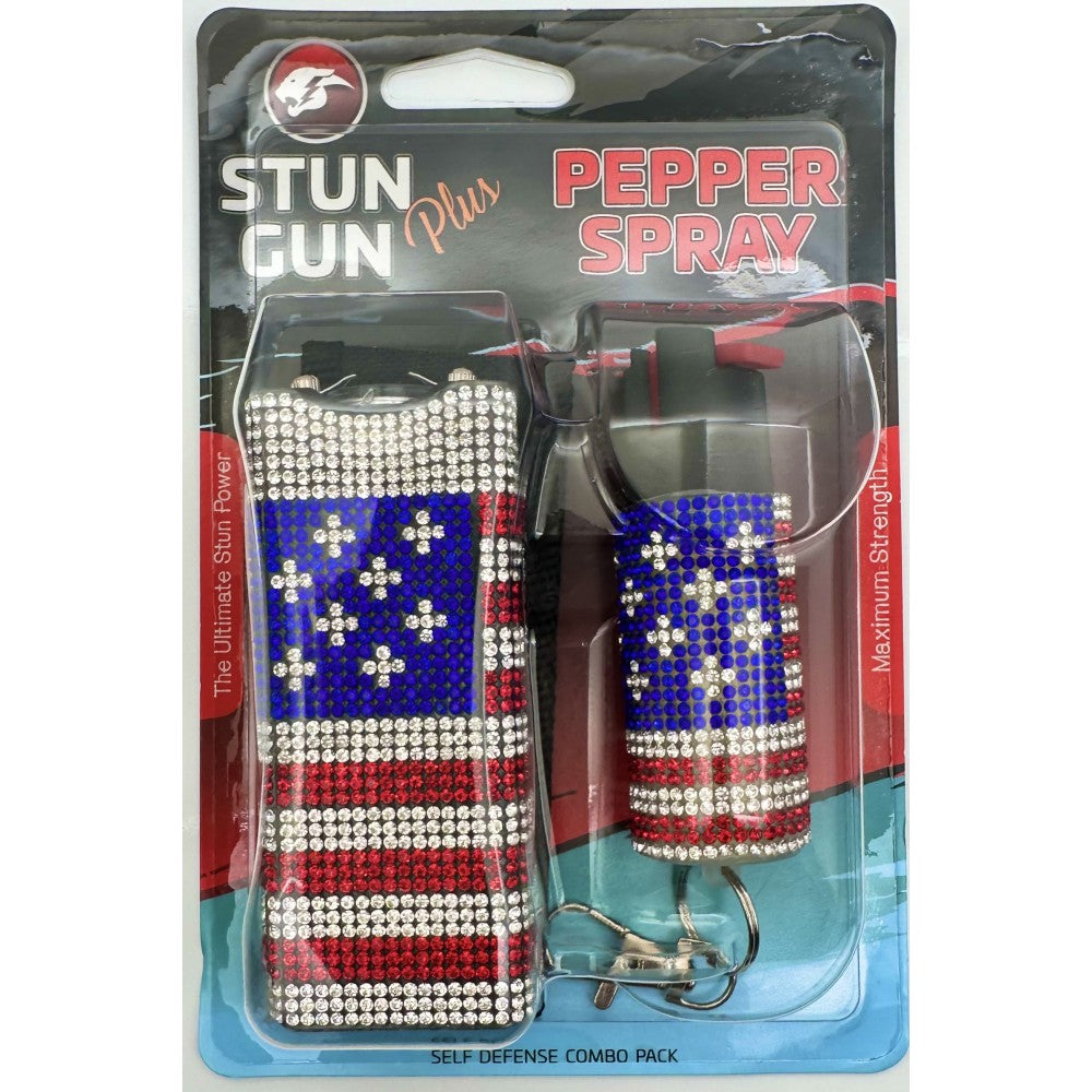 USA Flag Rhinestones Mini Stun Gun and Pepper Spray Combo for Self Defense - TOPHATTER'S ARMORY DEALS