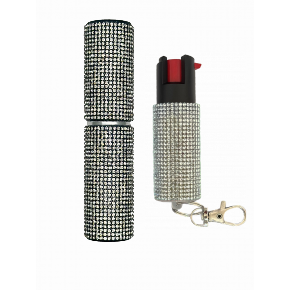 Silver Rhinestones Lipstick Stun Gun and Pepper Spray Combo for Self Defense