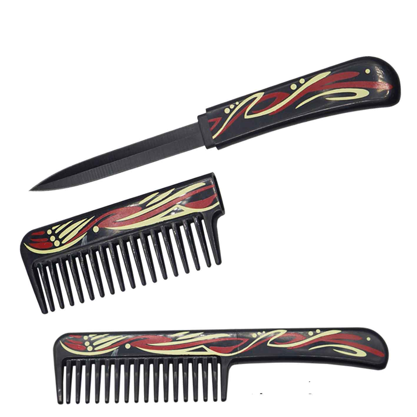Self Defense Brush Comb With Hidden Knife - Red Artwork