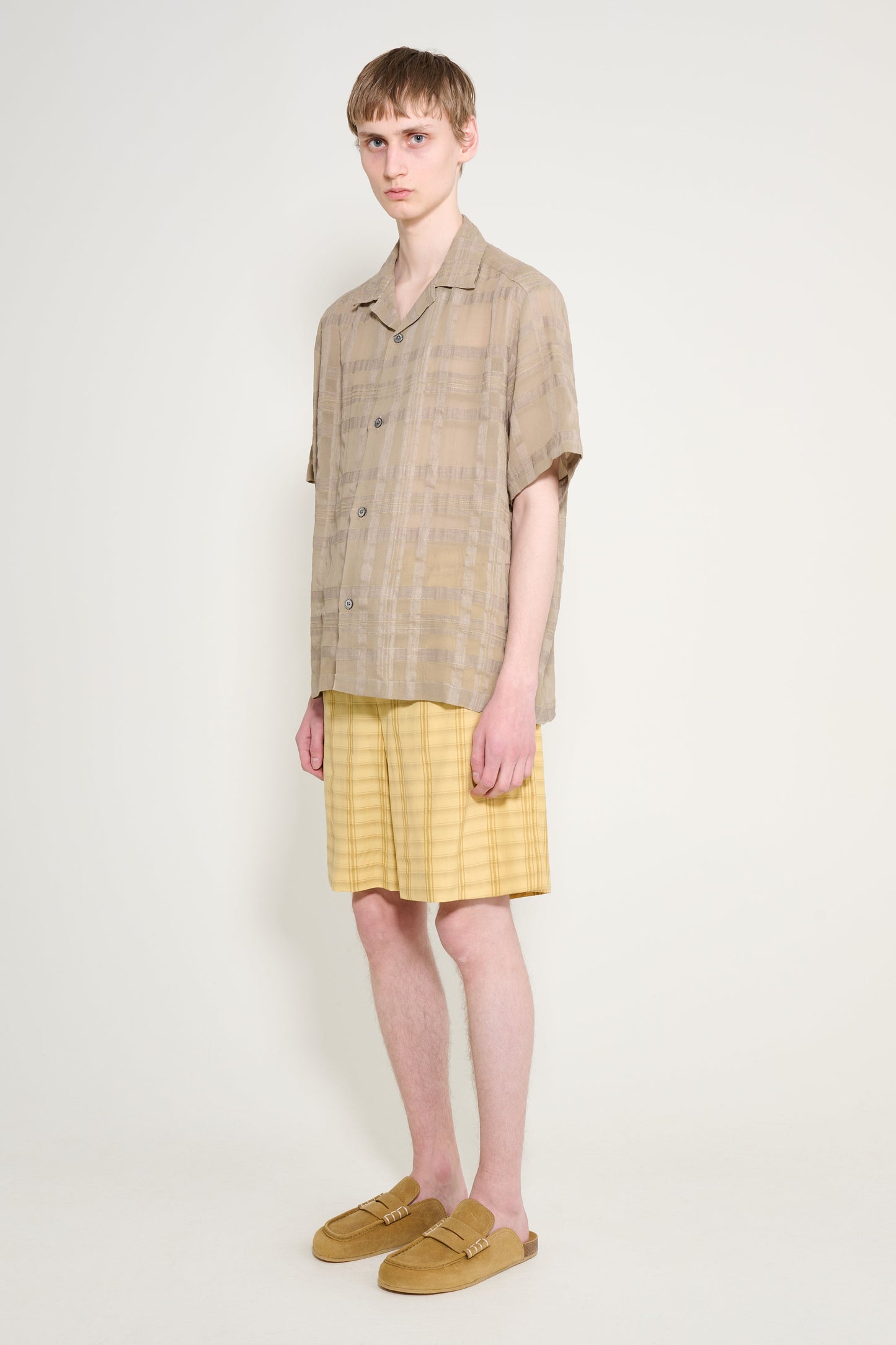 CMMN SWDN Paris Silk Cotton Shorts Yellow Check