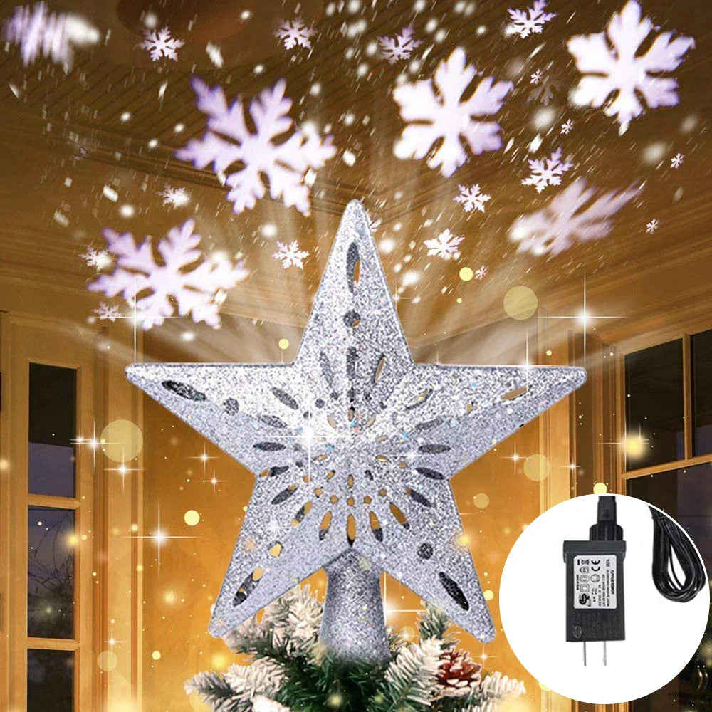 3D Glitter Star Christmas Tree Topper with Rotating LED Snowflake Projector
