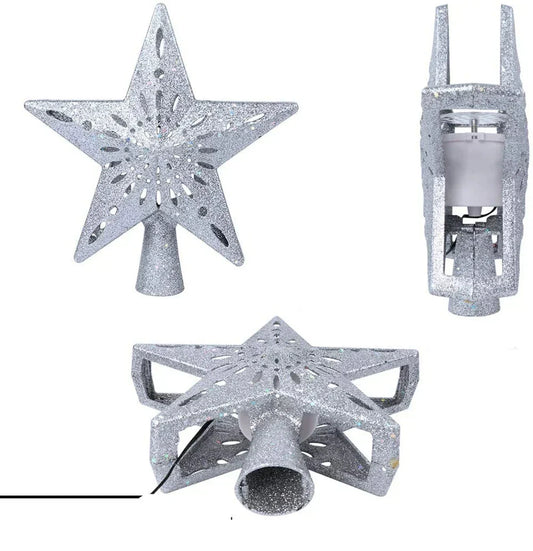 3D Glitter Star Christmas Tree Topper with Rotating LED Snowflake Projector