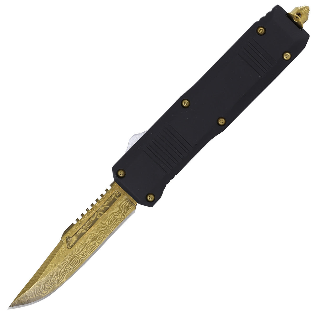 9.5" Golden Justice Damascus Steel Automatic Dual Action OTF Knife - TOPHATTER'S ARMORY DEALS