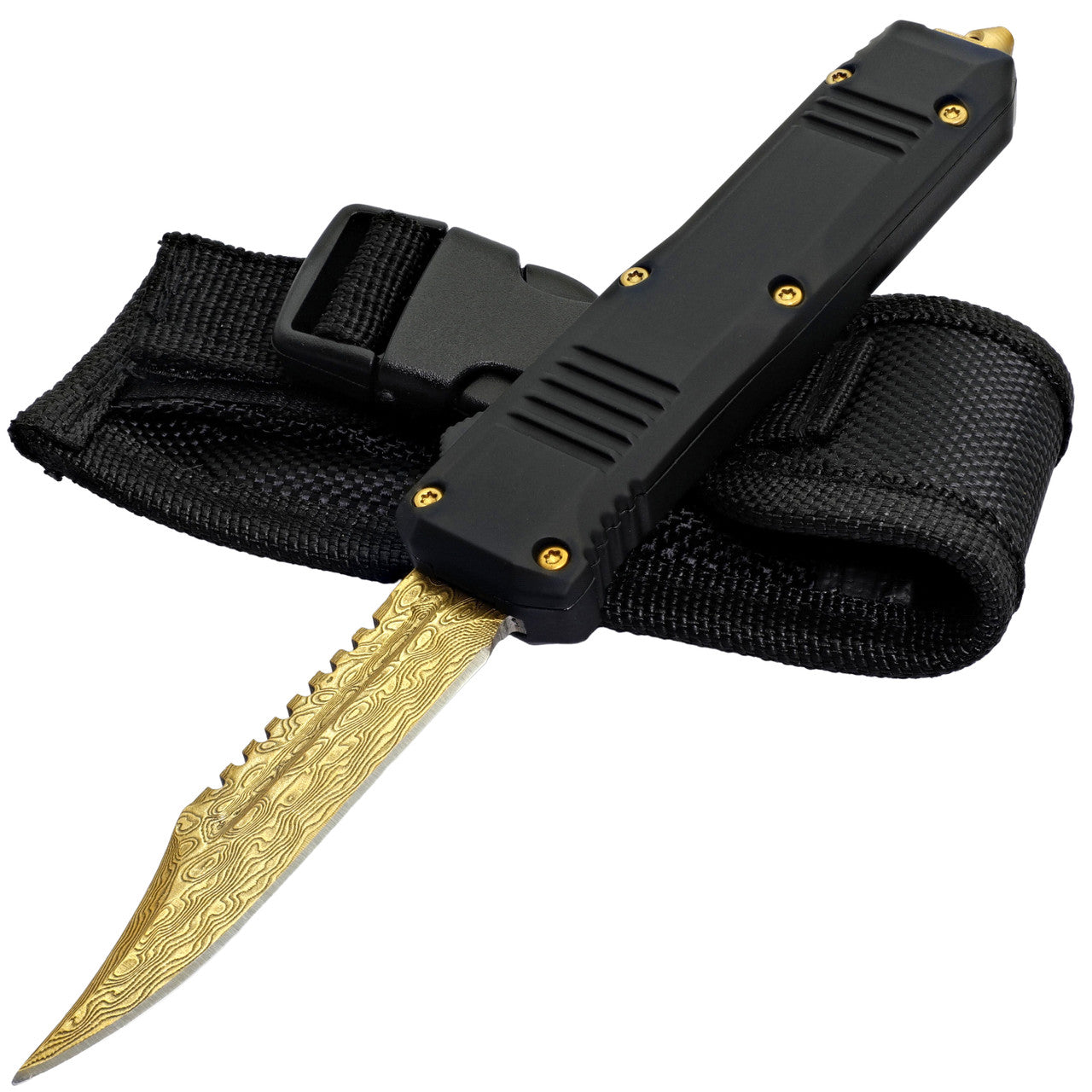 7" Evident Style Gold Damascus Steel Clip Point Out the Front OTF Knife