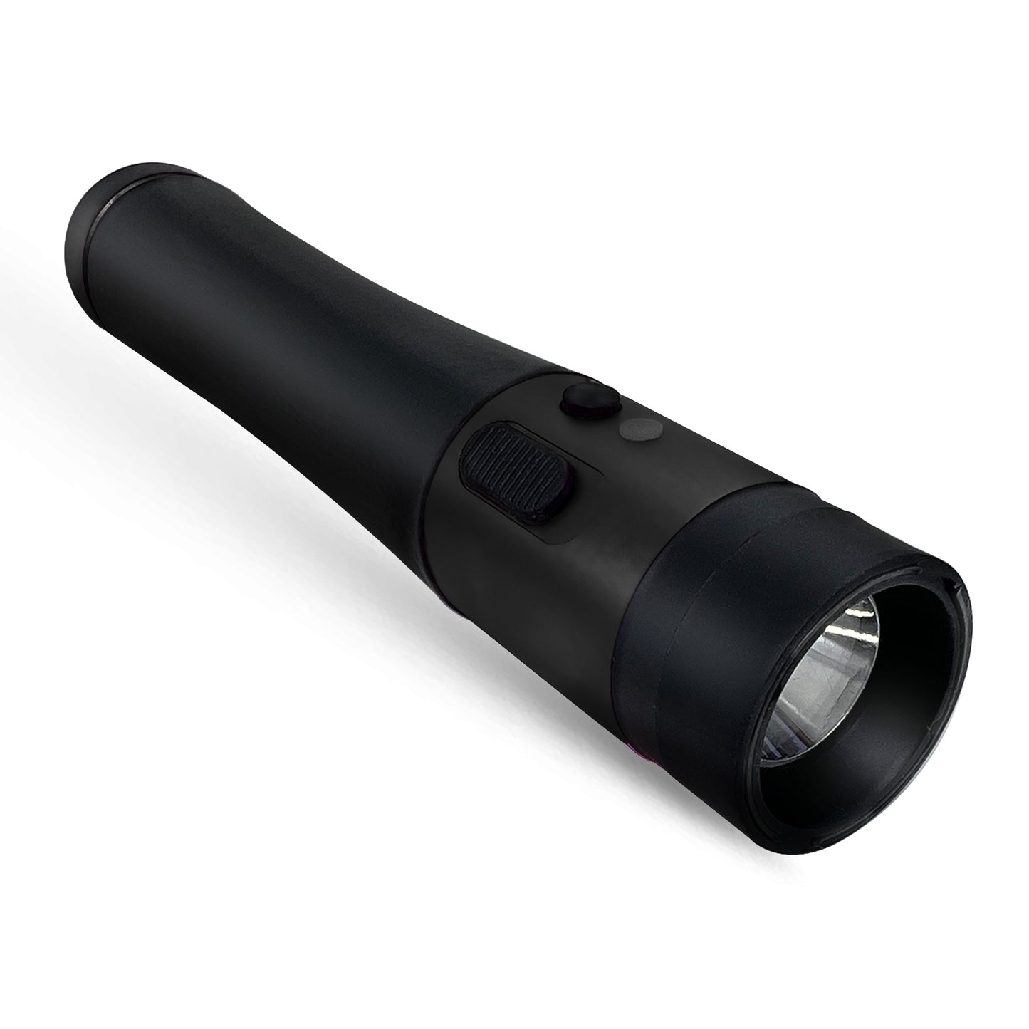 Black Stun Gun Flashlight, Rechargeable with Safety Pin, USB Wall and Car Charger, Wrist Strap