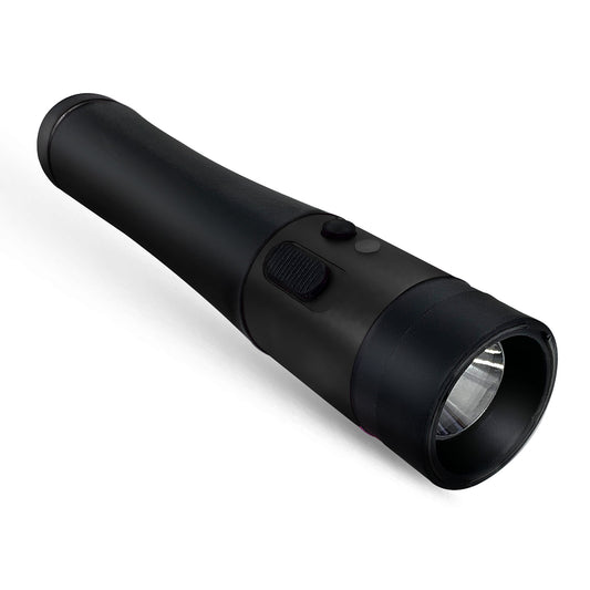 Black Stun Gun Flashlight, Rechargeable with Safety Pin, USB Wall and Car Charger, Wrist Strap
