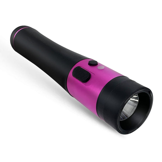 Pink Stun Gun Flashlight, Rechargeable with Safety Pin, USB Wall and Car Charger, Wrist Strap