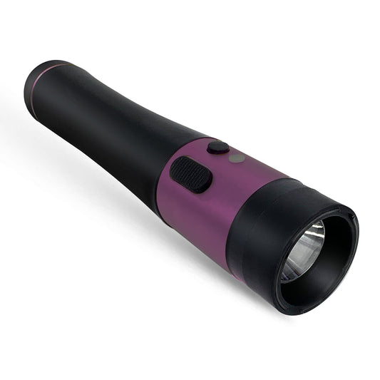 Purple Stun Gun Flashlight, Rechargeable with Safety Pin, USB Wall and Car Charger, Wrist Strap