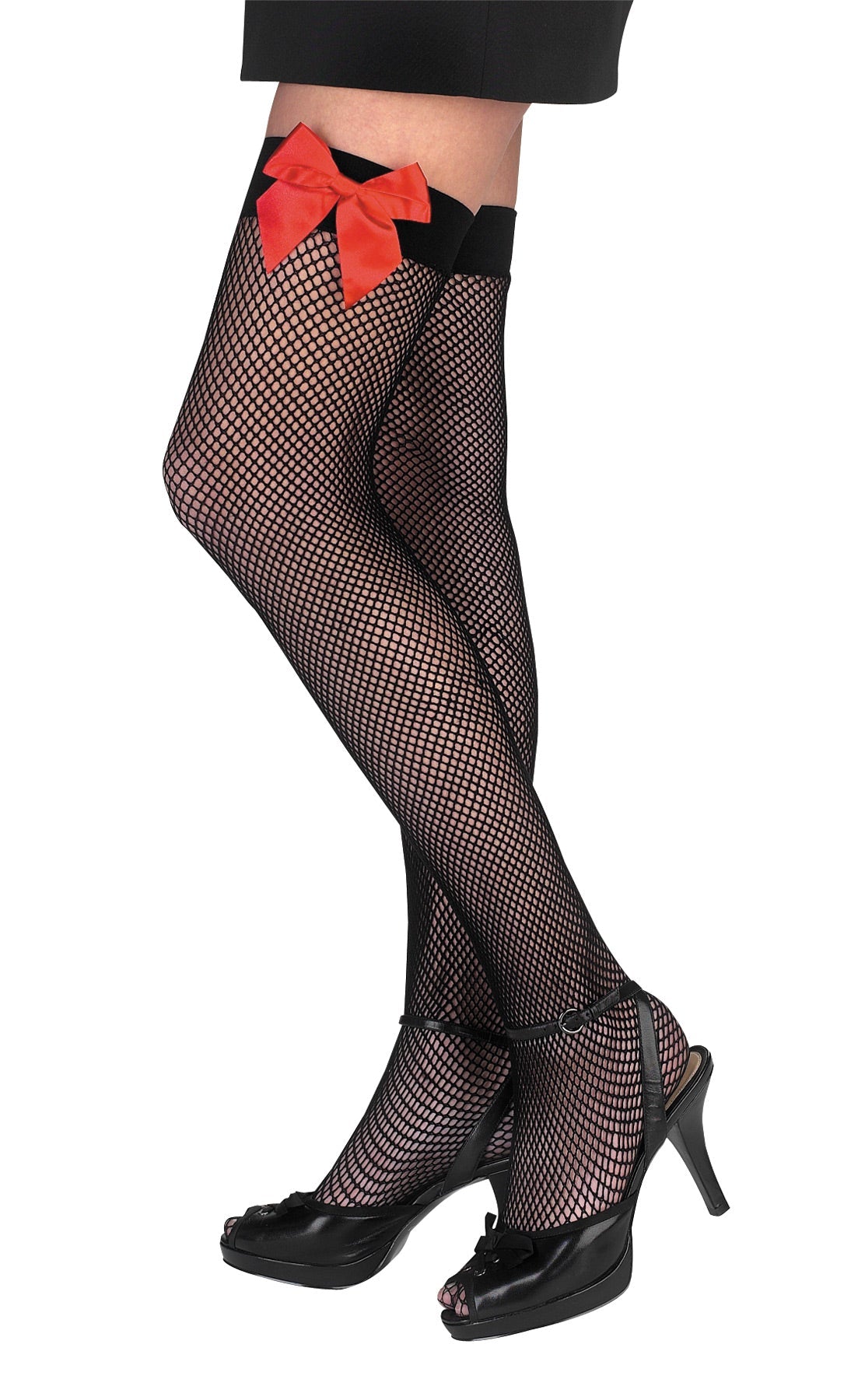 Fishnet Thigh-Highs with Red Bow