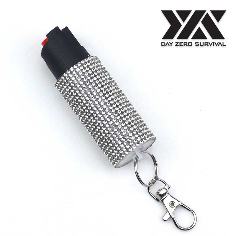 White Jeweled Design Pepper Spray Self Defense Key Ring