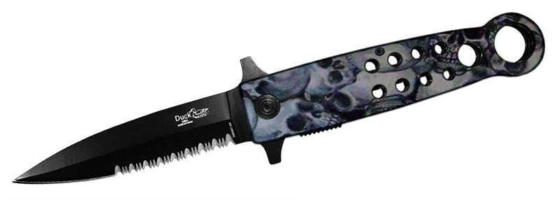 8 Inch Duck Grey Skull Camo, Half Serrated Assisted Open Pocket Knife - TOPHATTER'S ARMORY DEALS