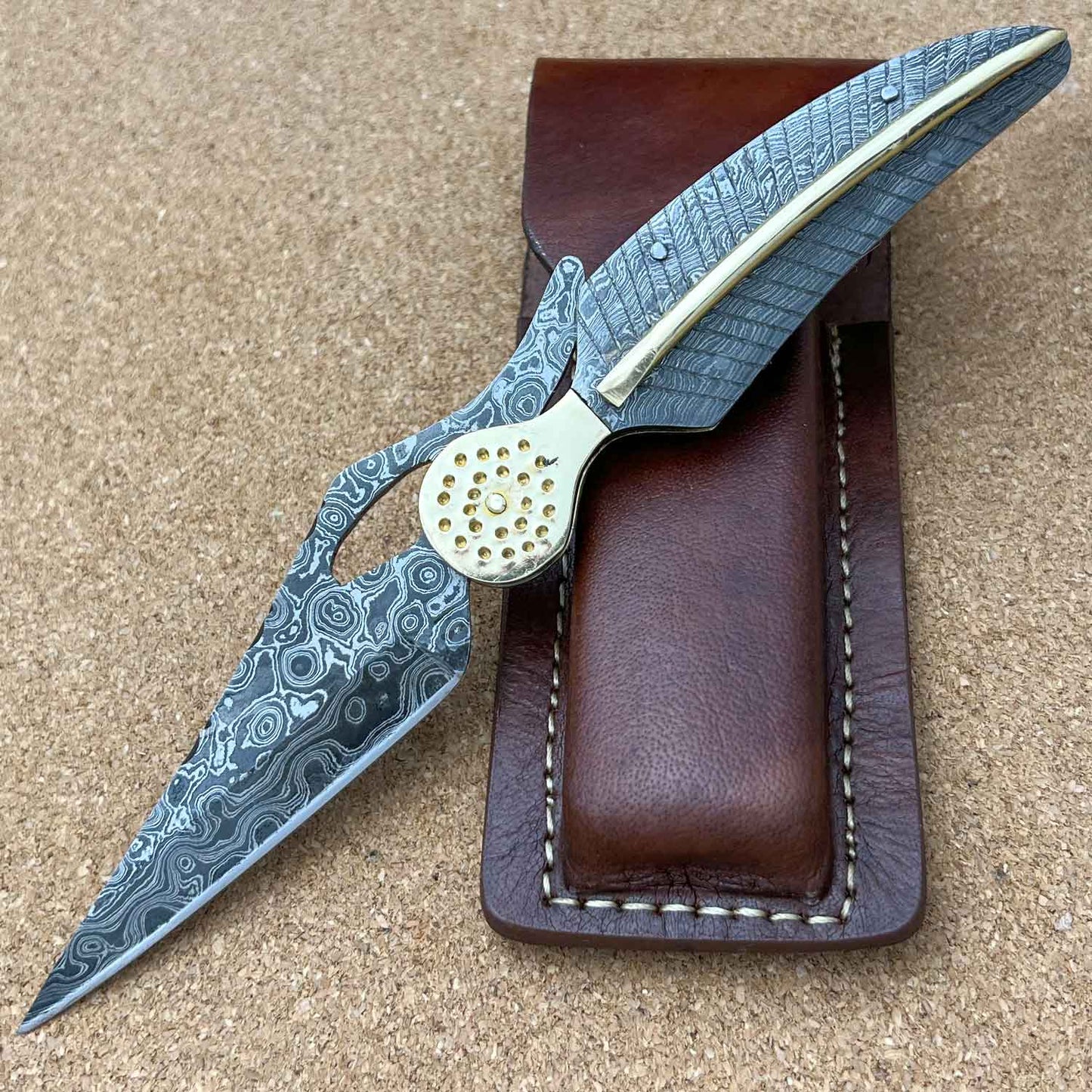 8.5" Leaf Style Damascus Steel Custom Handmade Folding Pocket Knife