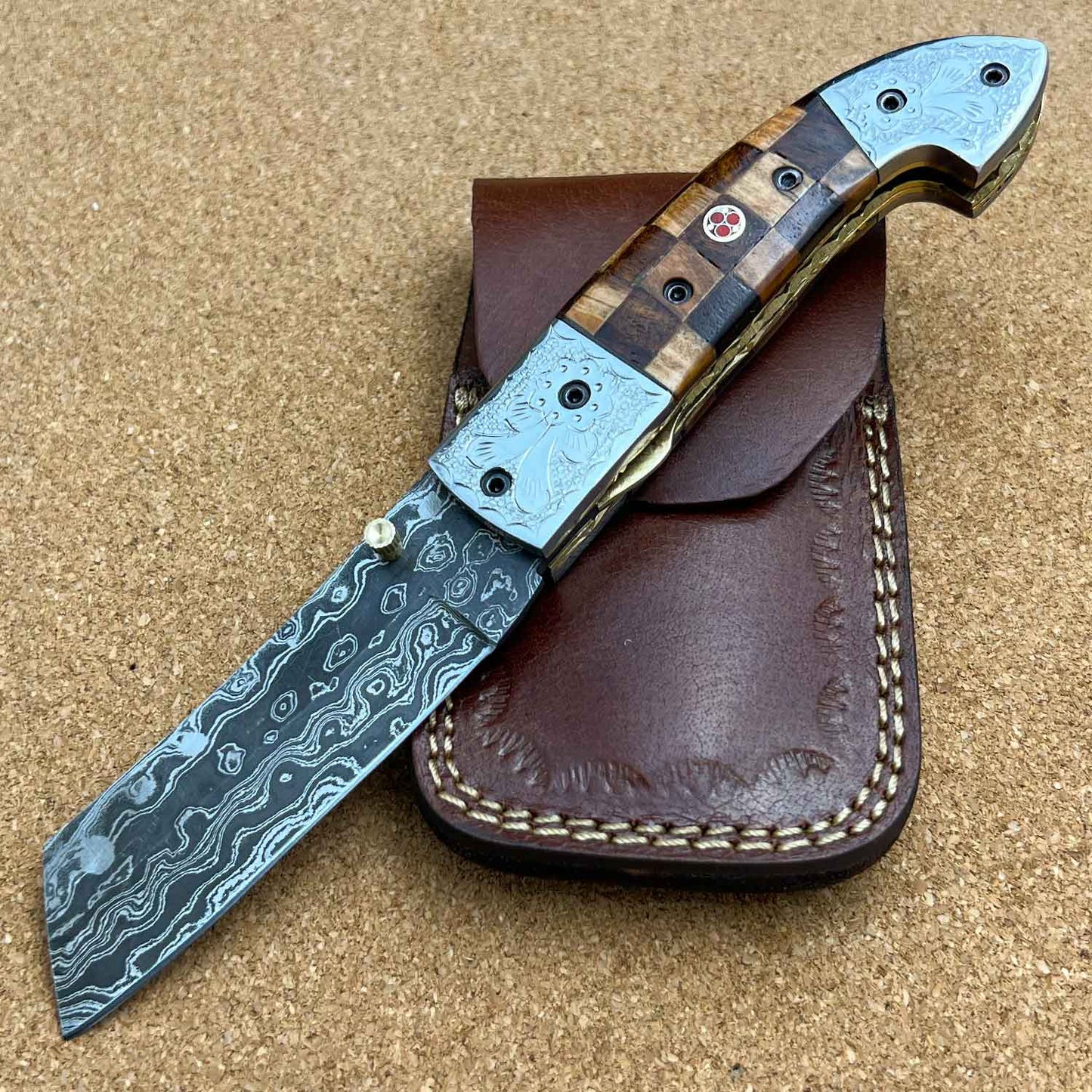 8.5" Damascus Steel Custom Handmade Folding Pocket Checker Knife