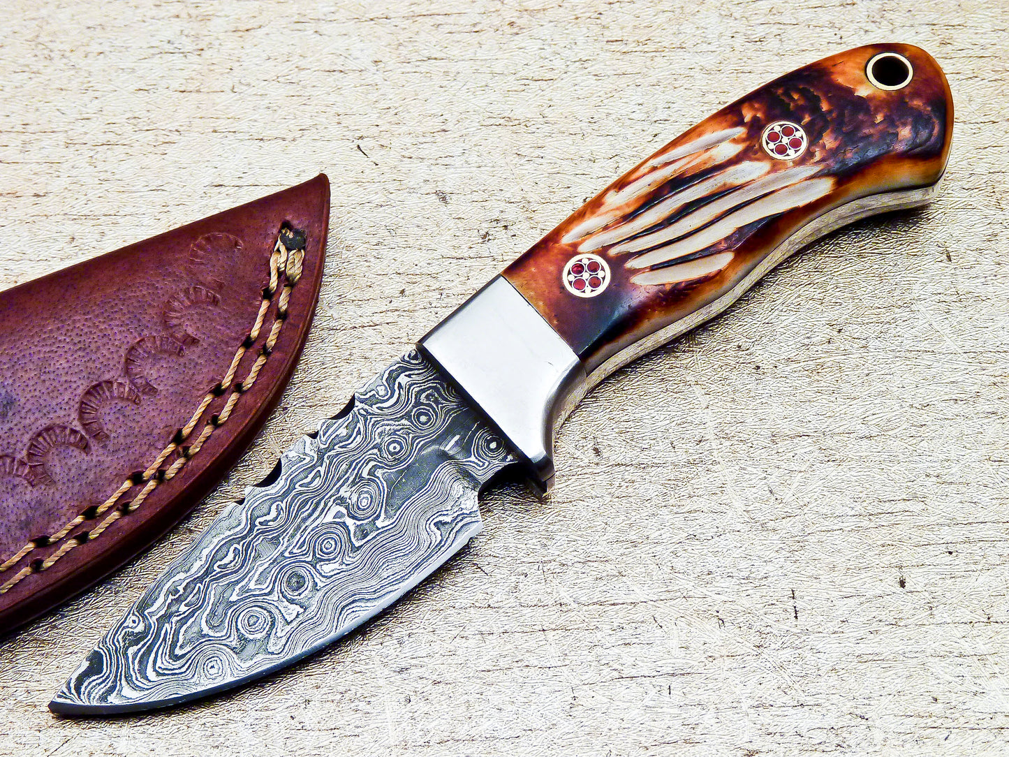 Damascus Steel Hunting Mini Skinning Knife Bone Handle 6"