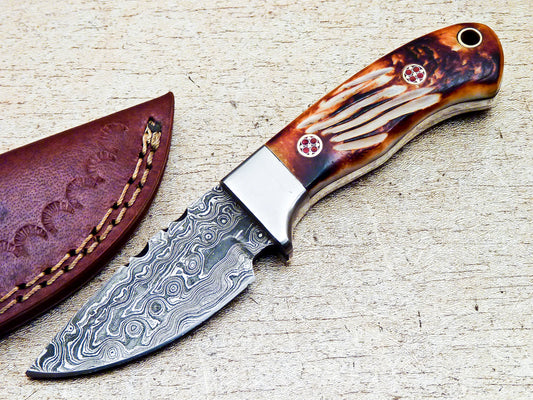 Damascus Steel Hunting Mini Skinning Knife Bone Handle 6"
