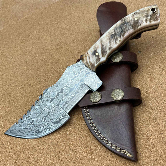 9.75" Damascus Steel Custom Handmade Tracker Skinning Hunting Knife