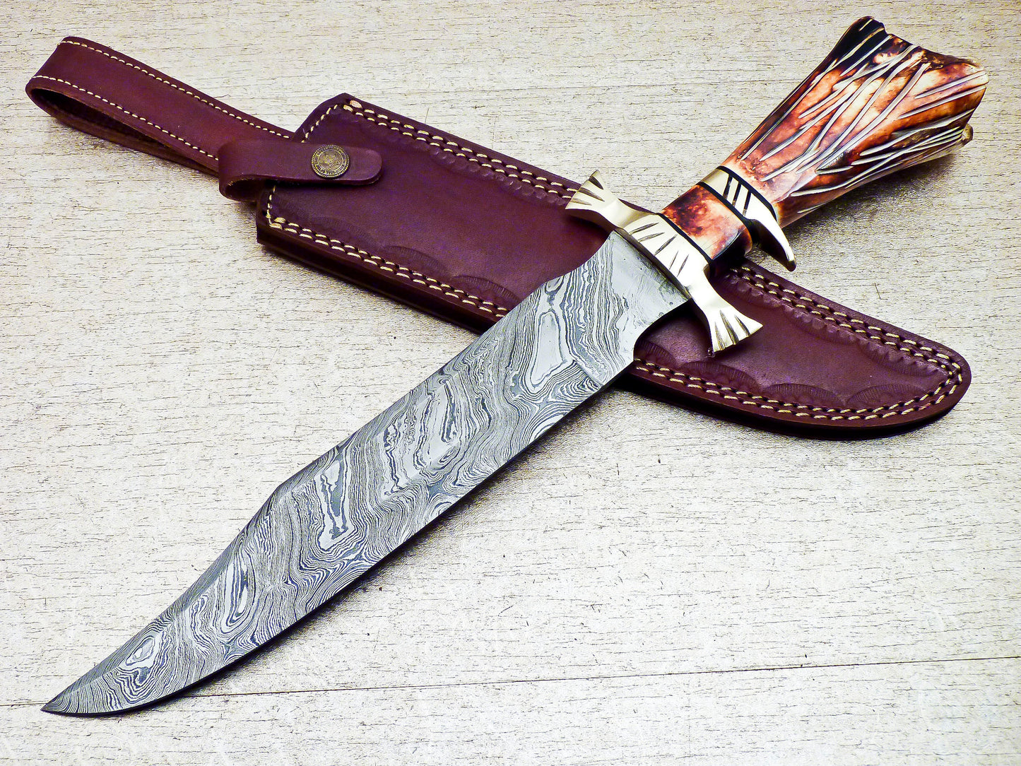 Damascus Steel Custom Handmade Hunting Bowie Knife 13"
