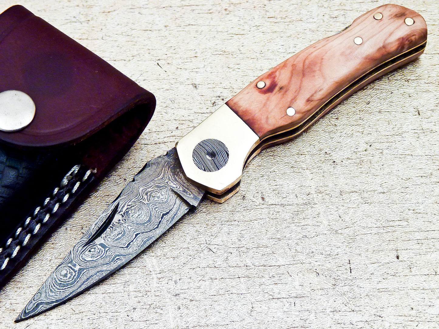 Damascus Steel Custom Handmade Lockback Folding Knife With Sheath