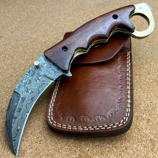 8.5'' Hand Forged Walnut Wood Handle Damascus Folding Pocket Knife, Tactical Hunting Karambit