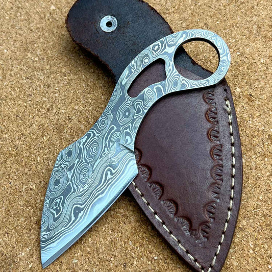 5" Handmade Damascus Steel Custom Blank Blade Finger Hole Skinning Knife
