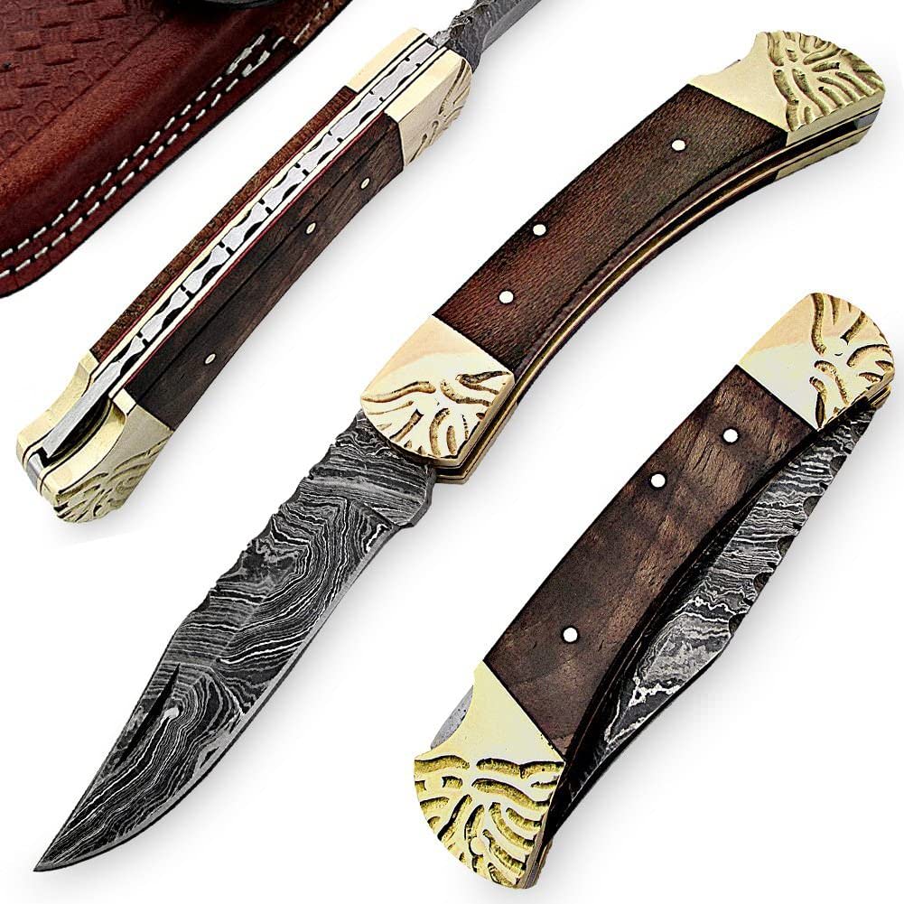 Damascus Steel Wooden Lockback Folding Knife With Sheath