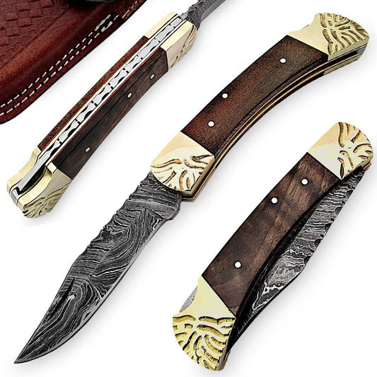 Damascus Steel Wooden Lockback Folding Knife With Sheath