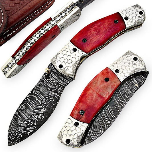 Handcrafted Red Dawn Damascus Folding Pocket Knife