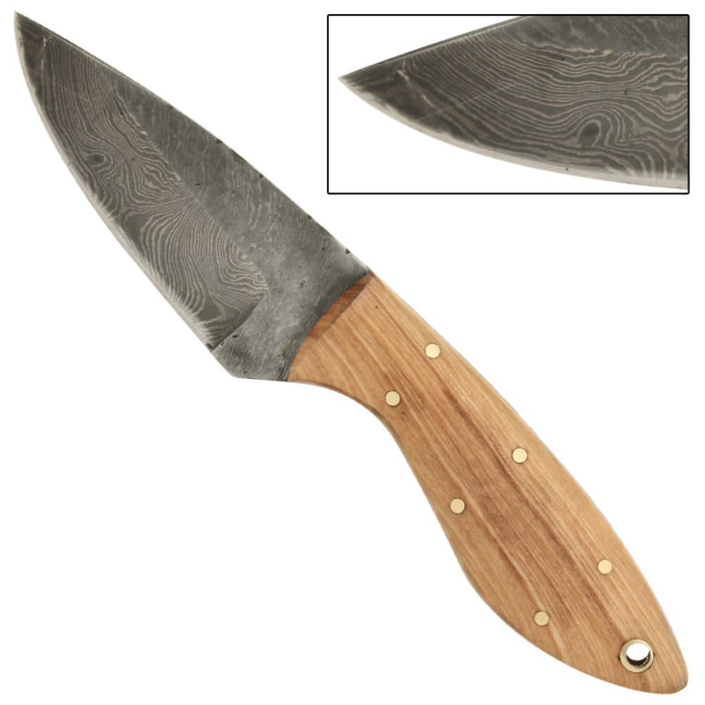 Full Tang Olive Wood Short Skinner Damascus Knife - TOPHATTER'S ARMORY DEALS