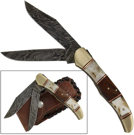 Double Blade Guild Stag Damascus Steel Pocket Knife