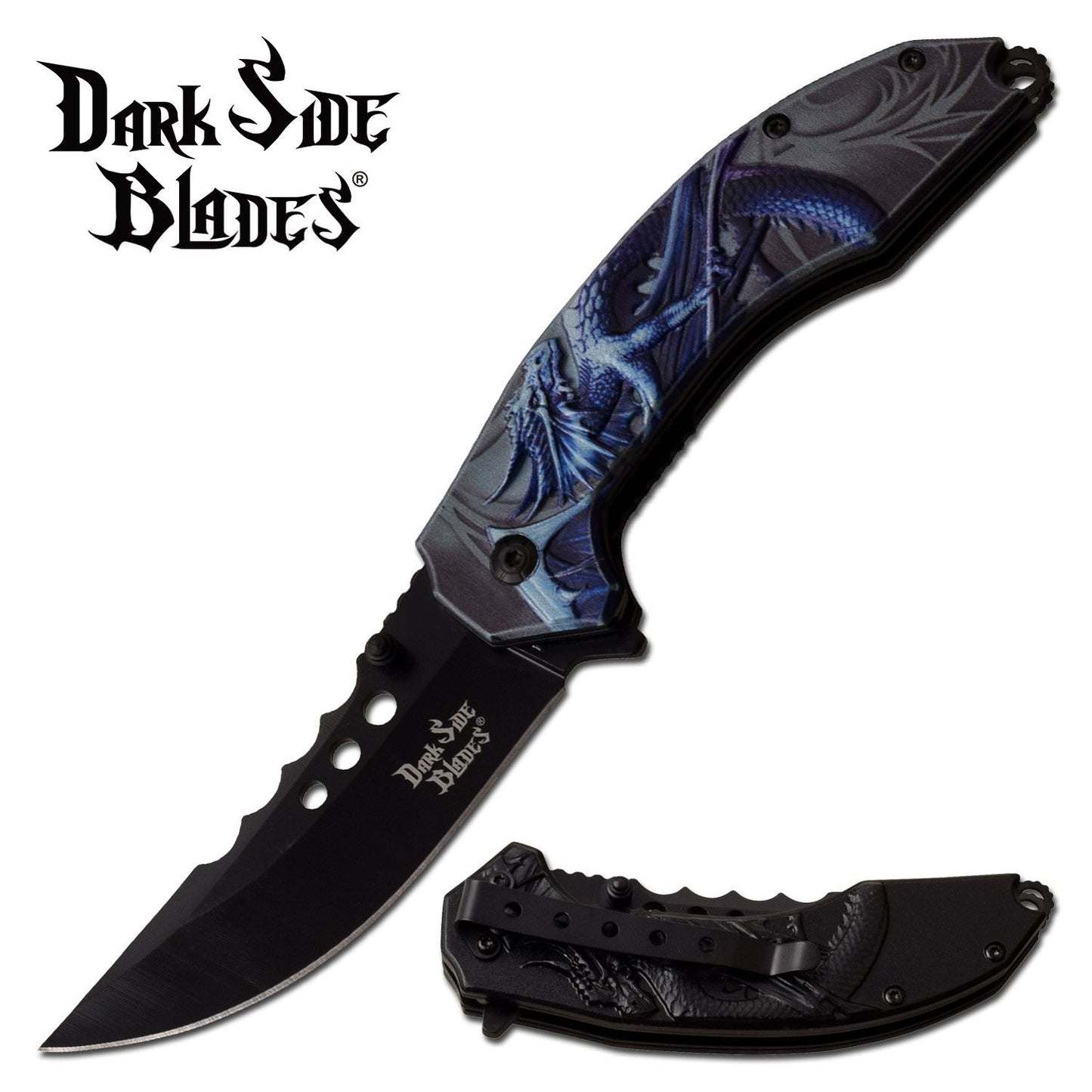 Blue Dragon 3.5" Black Trailing Blade Fantasy Spring Assist Folding Knife