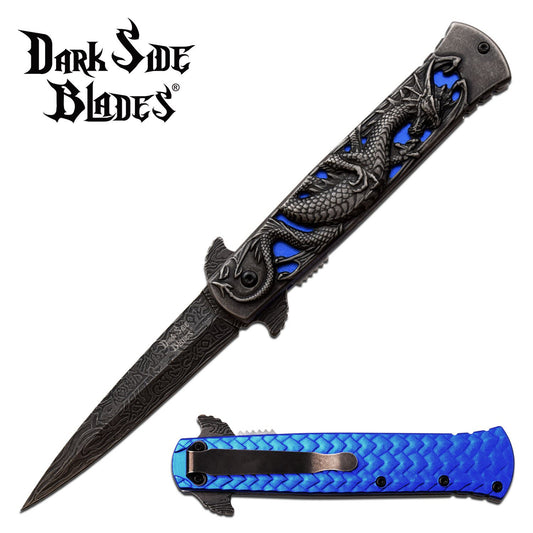 Dragon Pocket Knife Stonewashed Assisted Opening Knife Blue Dragon