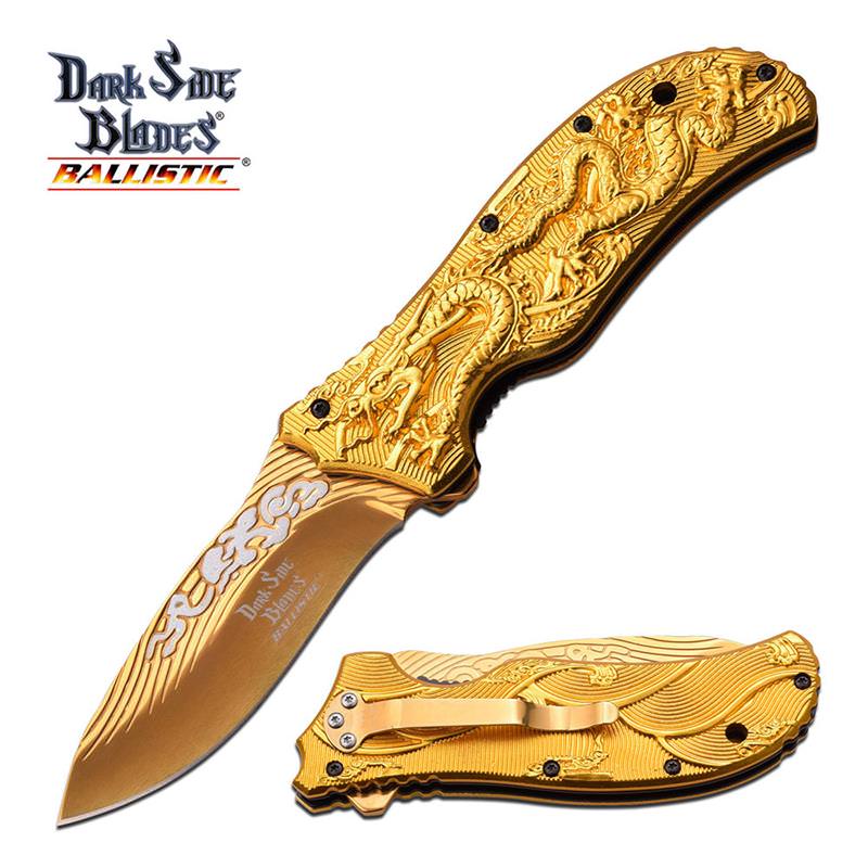 Dark Side Blades 4.75 Inch Gold Dragon Spring Assisted Knife - TOPHATTER'S ARMORY DEALS