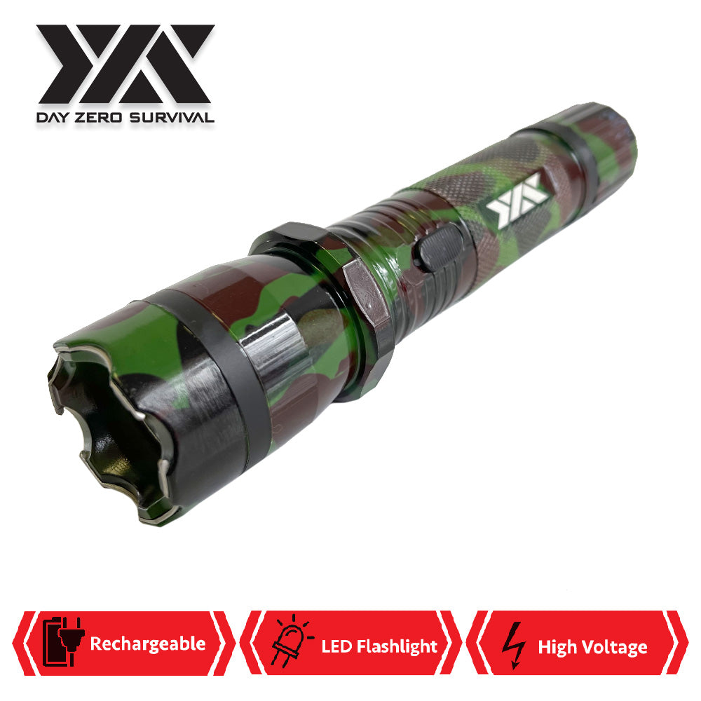DZS Green Camo Metal Stun Gun 10 Million Volt Rechargeable with Flashlight - TOPHATTER'S ARMORY DEALS