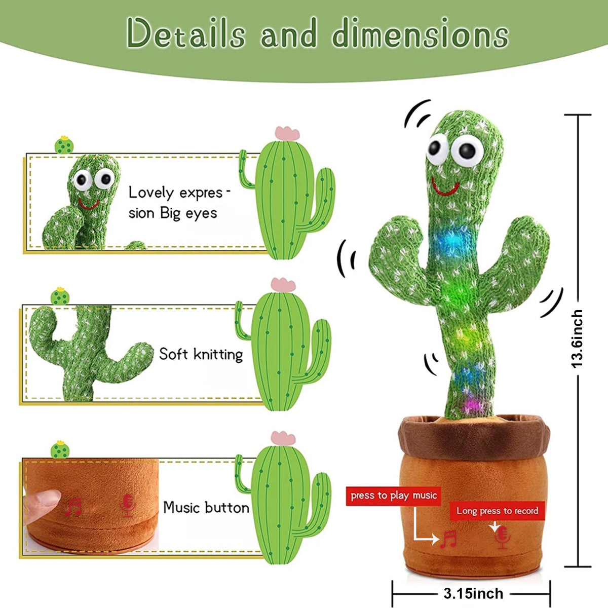 Dancing Cactus Mimicking Toy, USB-C Rechargeable