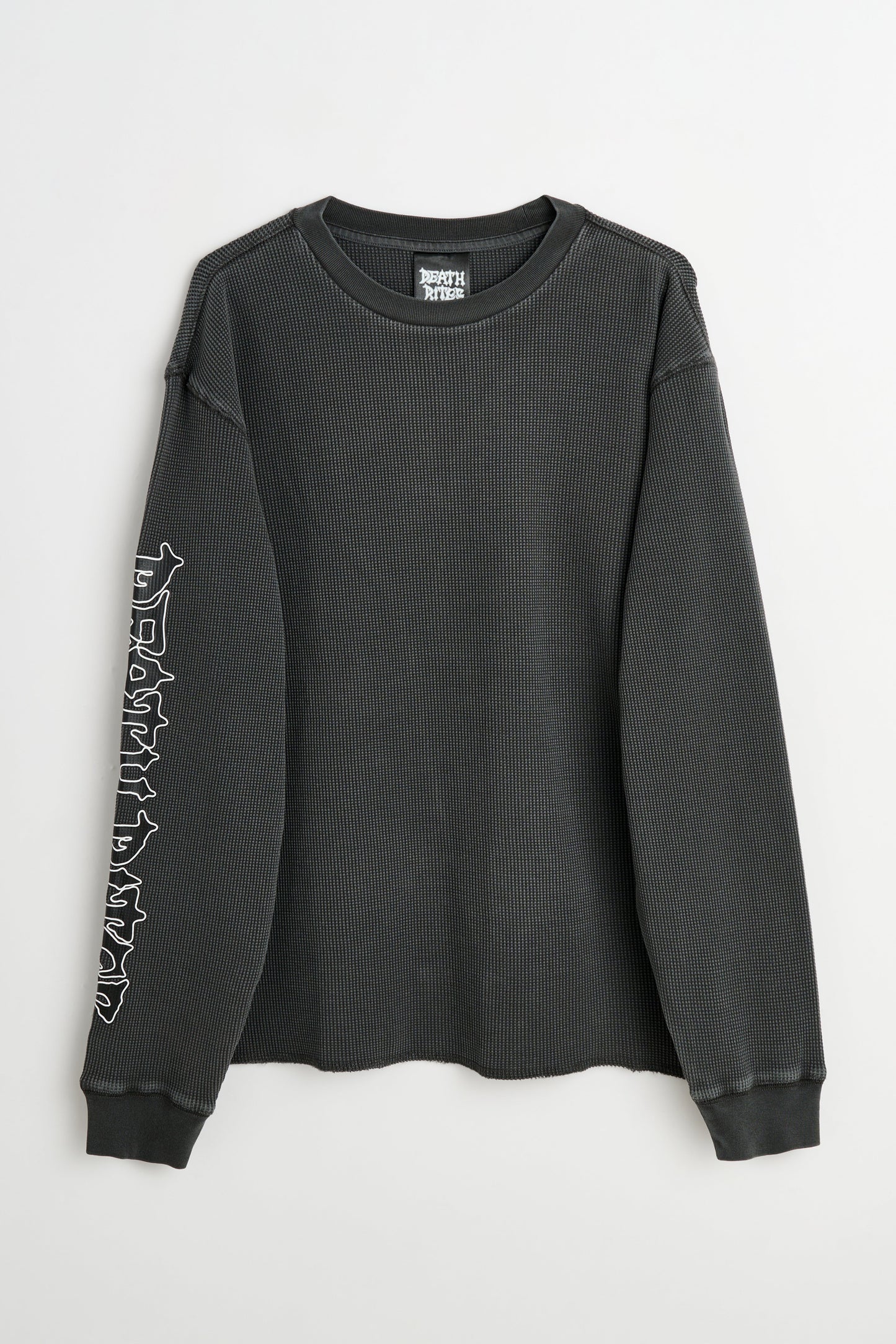 Death Rites Script Sleeve Waffle Knit Crewneck Top Black Garment Dye