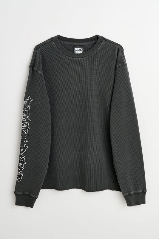 Death Rites Script Sleeve Waffle Knit Crewneck Top Black Garment Dye