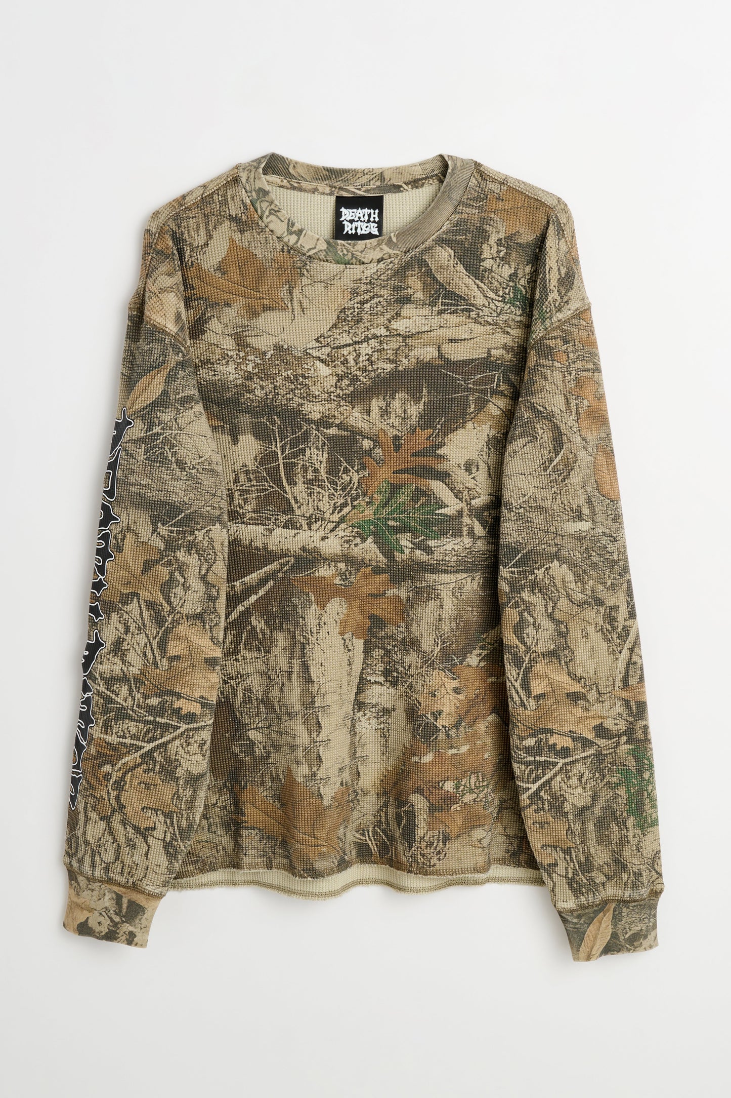 Death Rites Script Sleeve Waffle Knit Crewneck Top Tree Camo