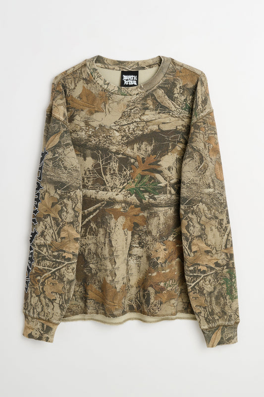 Death Rites Script Sleeve Waffle Knit Crewneck Top Tree Camo
