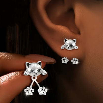 Cat Paw Ear Jacket Earrings - Kitten Front, Paws Below the Lobe