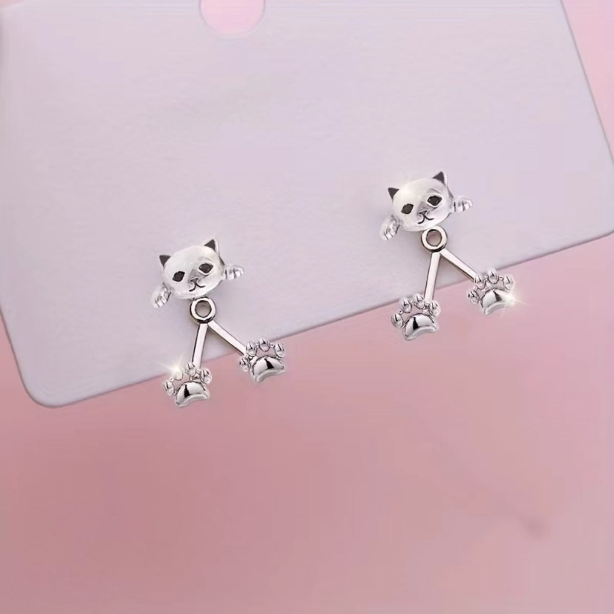 Cat Paw Ear Jacket Earrings - Kitten Front, Paws Below the Lobe