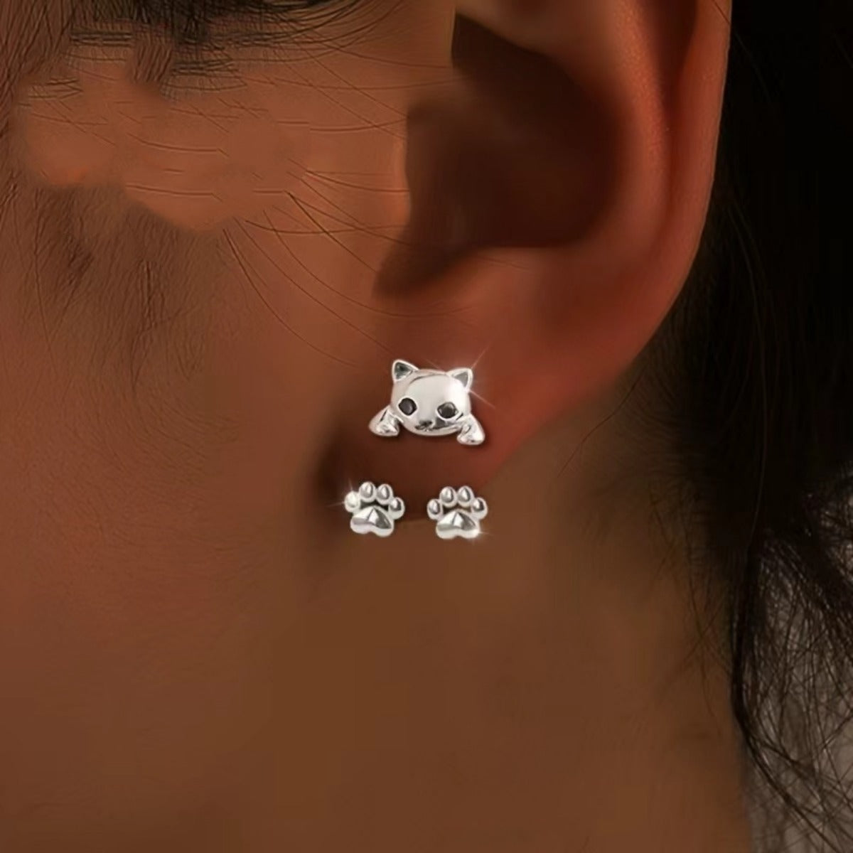 Cat Paw Ear Jacket Earrings - Kitten Front, Paws Below the Lobe