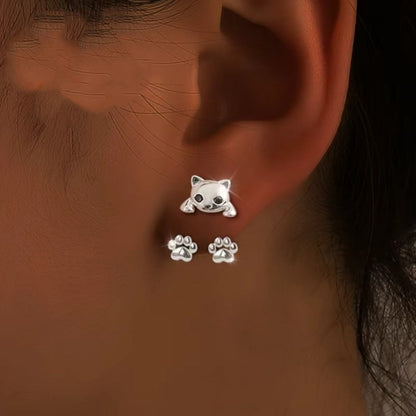 Cat Paw Ear Jacket Earrings - Kitten Front, Paws Below the Lobe