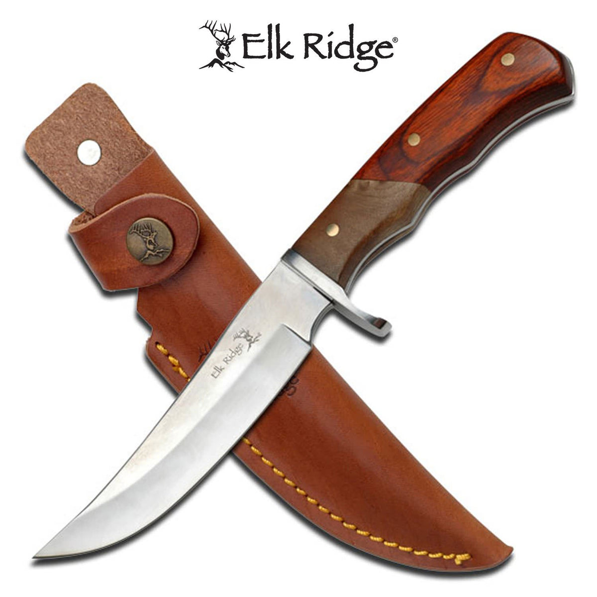 Elk Ridge Wooden handle hunting knife with Sheath - TOPHATTER'S ARMORY DEALS