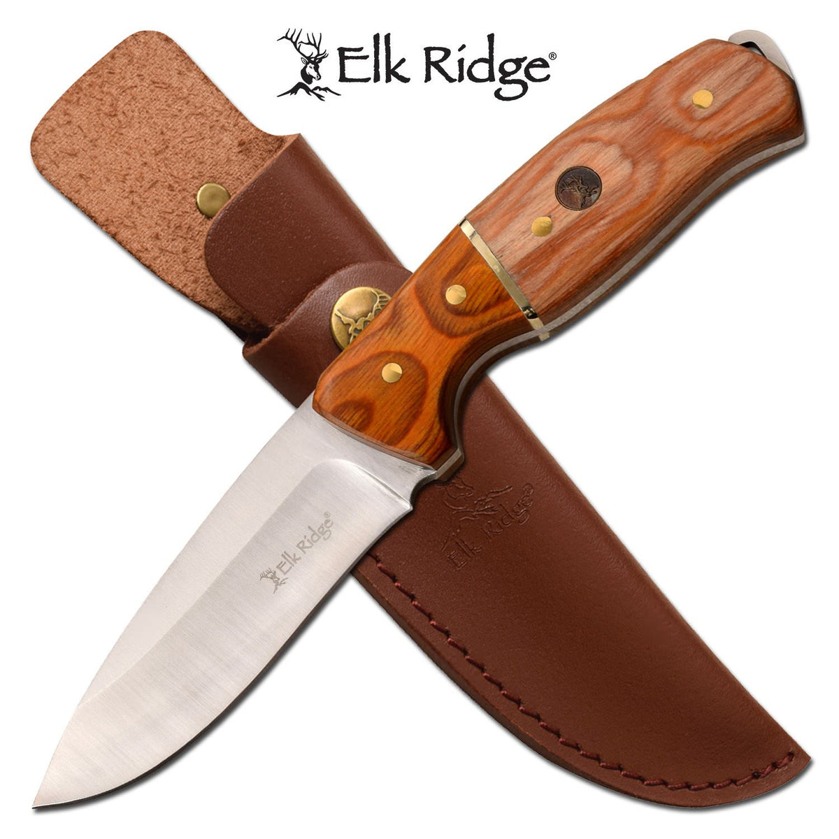 Hunting Knife Drop Point Blade Wood Handle Full Tang + Leather Sheath - TOPHATTER'S ARMORY DEALS