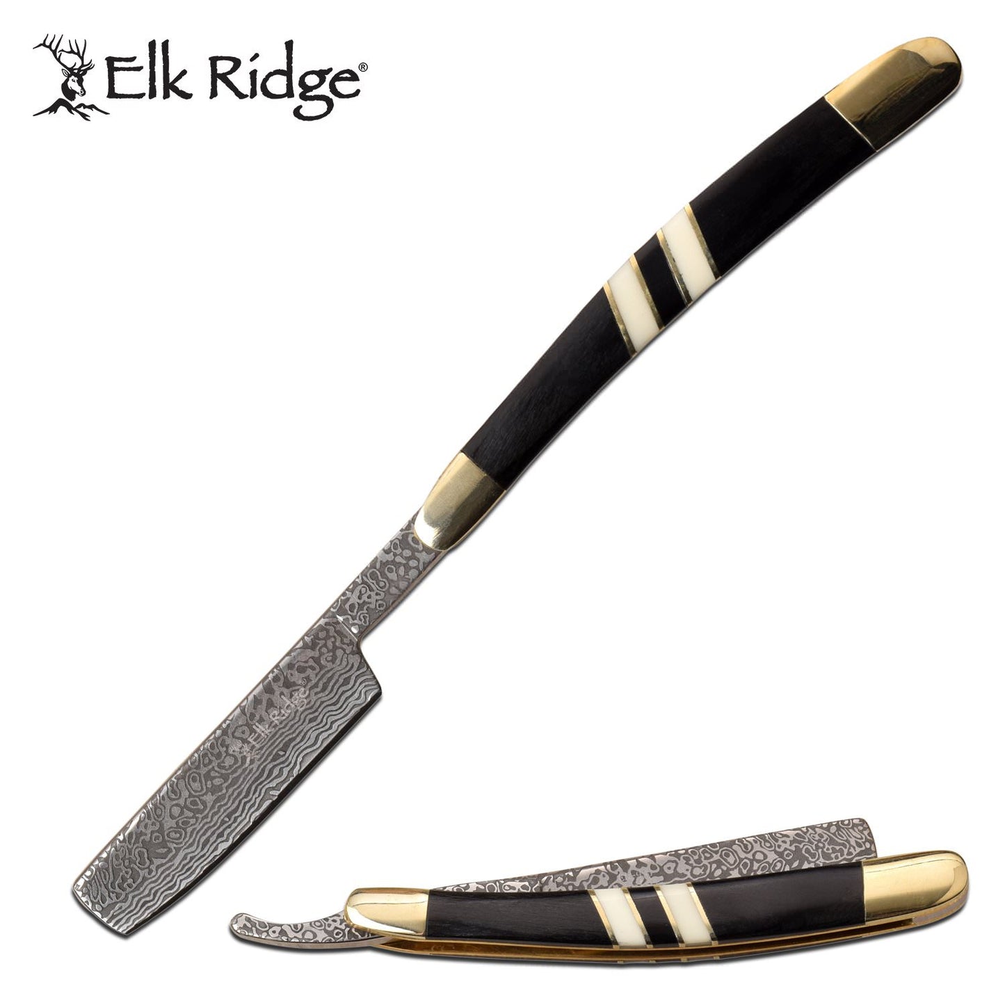 Straight Razor Elk Ridge 2.75" Damascus Etch Blade Black Wood White Bone Handle